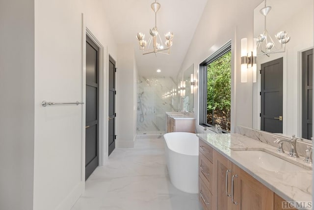 bathroom featuring independent shower and bath, vanity, lofted ceiling, and a chandelier