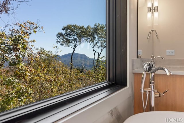 room details with a mountain view and a tub