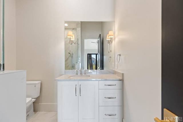 bathroom with tile patterned floors, vanity, toilet, and an enclosed shower