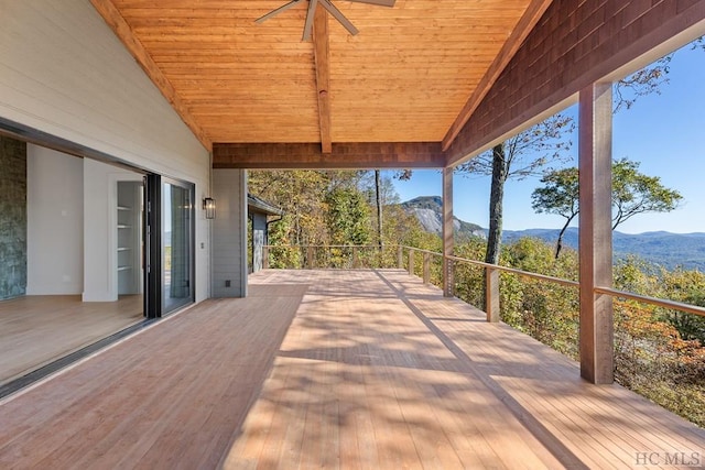 view of patio / terrace featuring a mountain view and ceiling fan