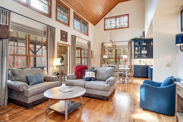 living room featuring high vaulted ceiling, a wealth of natural light, and wooden ceiling