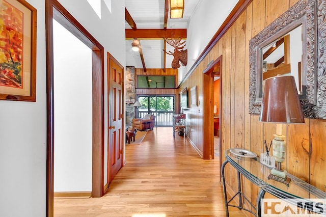 43 Chimney Pt, Lake Toxaway, NC 28747 - hallway with beam ceiling, light wood finished floors, and wood walls