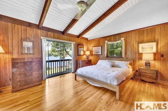 43 Chimney Pt, Lake Toxaway, NC 28747 - bedroom featuring access to exterior, multiple windows, wooden walls, light wood-style flooring, and wood ceiling