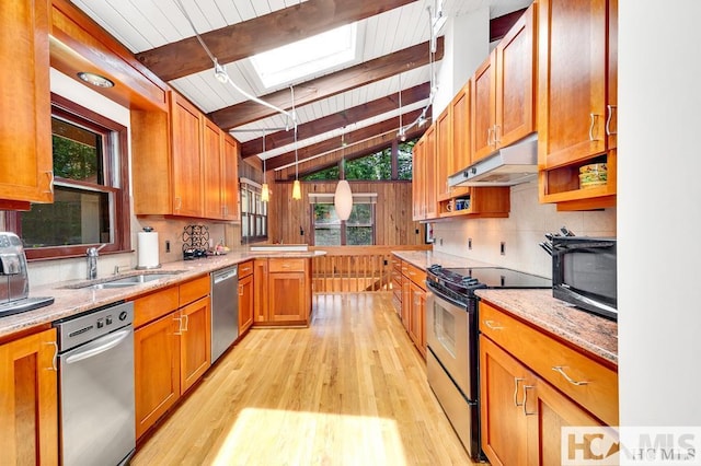 43 Chimney Pt, Lake Toxaway, NC 28747 - kitchen featuring stainless steel appliances, under cabinet range hood, light wood-style flooring, a skylight, and wooden ceiling