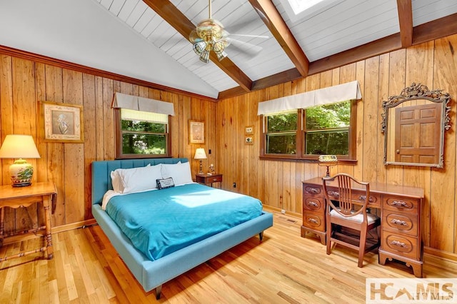 43 Chimney Pt, Lake Toxaway, NC 28747 - bedroom with wood finished floors, wooden walls, wood ceiling, a skylight, and a ceiling fan