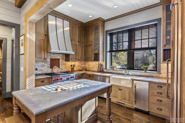 kitchen featuring wall chimney range hood, dark wood-type flooring, stainless steel appliances, and sink