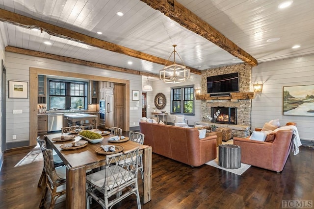 interior space featuring dark wood-type flooring, wooden walls, beam ceiling, and a stone fireplace