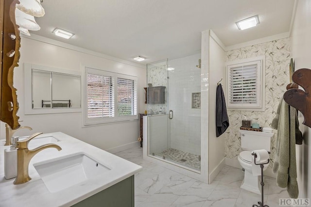 bathroom with toilet, ornamental molding, walk in shower, and vanity