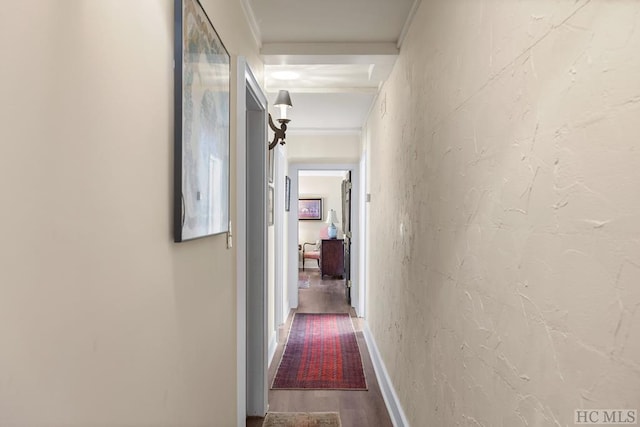 corridor featuring ornamental molding and hardwood / wood-style flooring