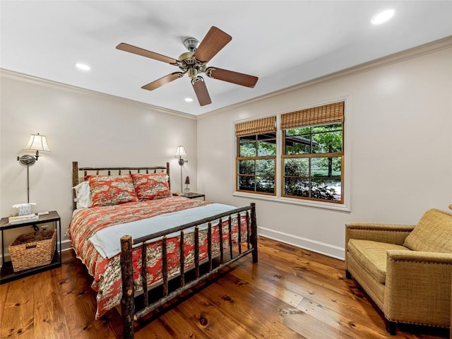 145 Island Point Rd, Lake Toxaway, NC 28747 - bedroom featuring ornamental molding, baseboards, hardwood / wood-style flooring, recessed lighting, and ceiling fan