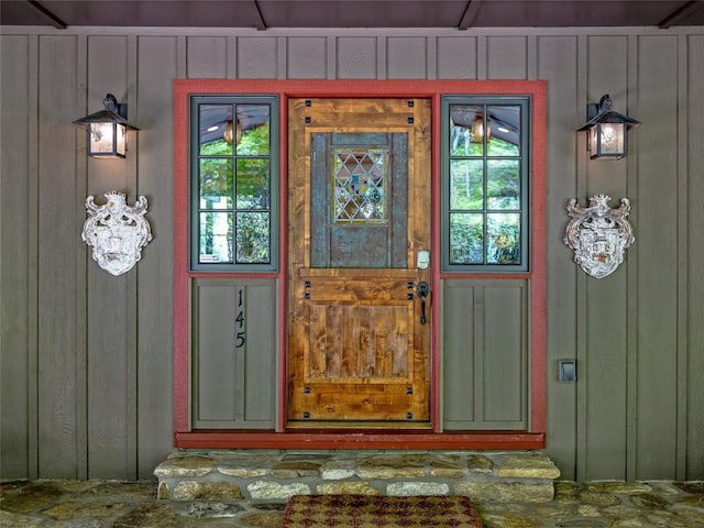 145 Island Point Rd, Lake Toxaway, NC 28747 - doorway to property featuring board and batten siding