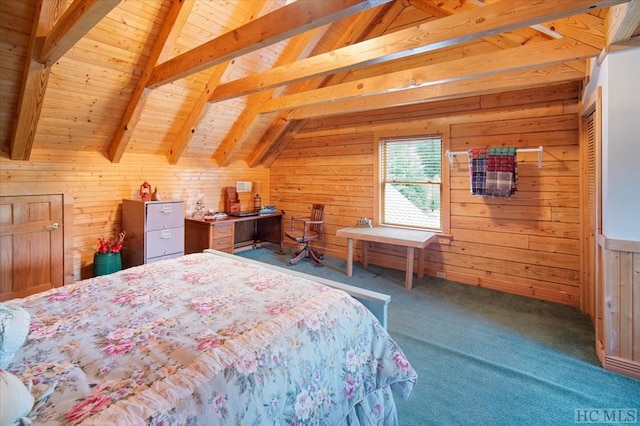 bedroom featuring carpet floors, wooden walls, lofted ceiling with beams, and wooden ceiling