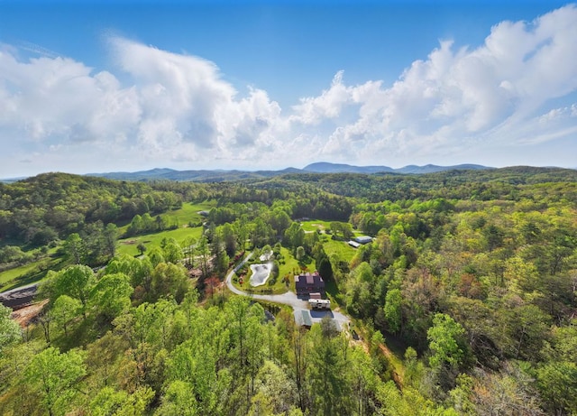bird's eye view featuring a view of trees and a mountain view