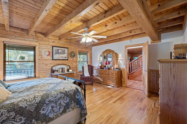 bedroom featuring wood walls, beam ceiling, hardwood / wood-style floors, and wooden ceiling