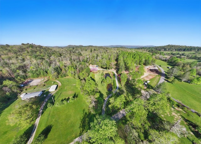 drone / aerial view featuring a forest view