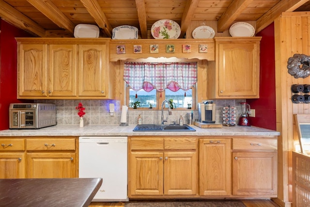 kitchen featuring a sink, dishwasher, wooden ceiling, tasteful backsplash, and beamed ceiling