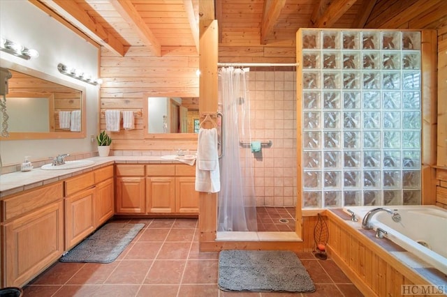 bathroom featuring tile patterned flooring, independent shower and bath, beamed ceiling, and wood walls