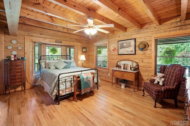 bedroom featuring wood ceiling, ceiling fan, beam ceiling, light wood-type flooring, and wood walls