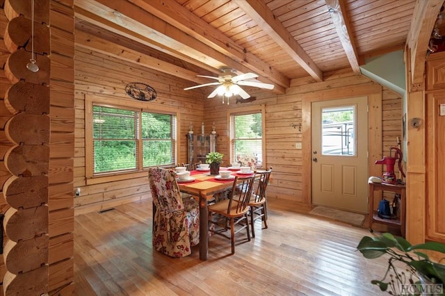 dining space with beam ceiling, wood ceiling, wooden walls, and light hardwood / wood-style floors