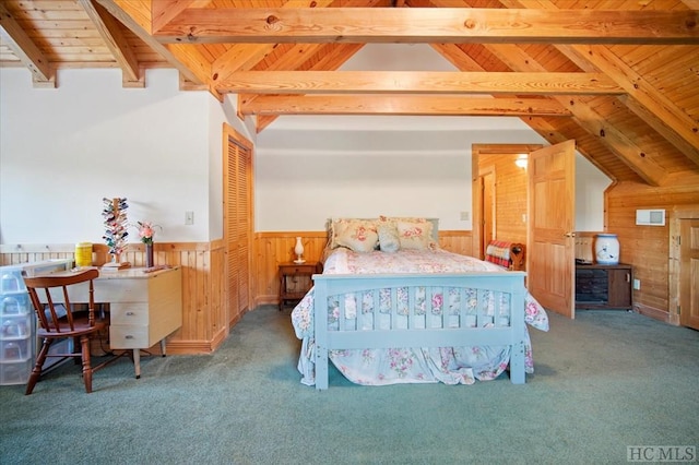 carpeted bedroom featuring wood walls, wooden ceiling, and vaulted ceiling with beams