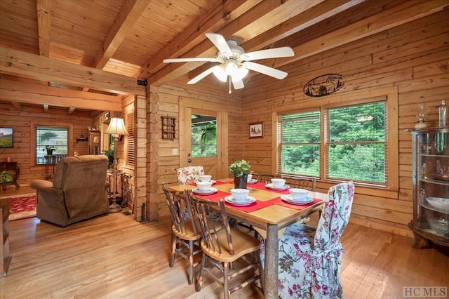 dining area featuring wood walls, beamed ceiling, ceiling fan, wood ceiling, and light hardwood / wood-style flooring