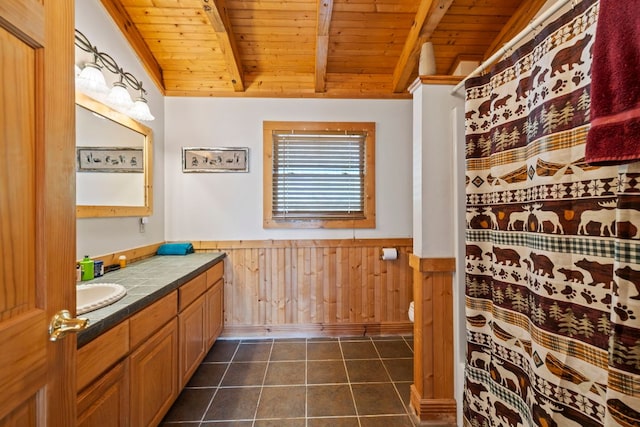 full bath with wainscoting, wood ceiling, tile patterned flooring, and vanity