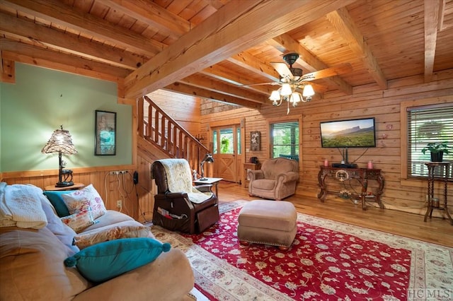 living room with beamed ceiling, wooden walls, and wooden ceiling