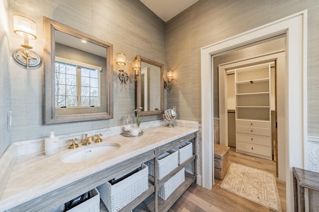 bathroom with a walk in closet, wood finished floors, and vanity