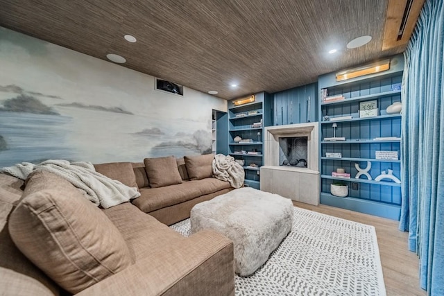 living area with built in shelves, wood finished floors, wood ceiling, and recessed lighting