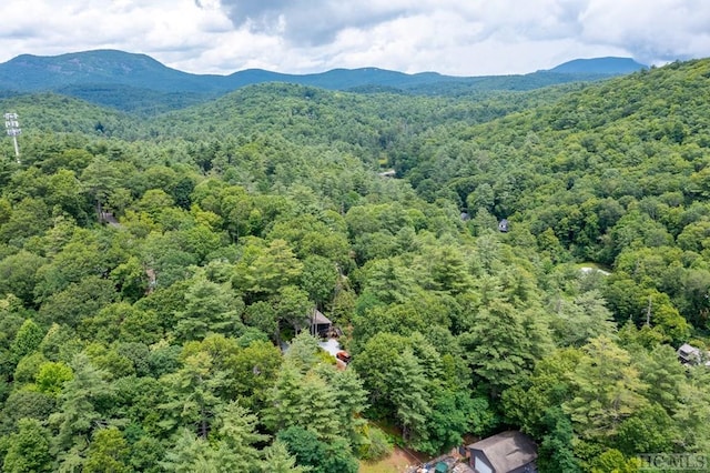 birds eye view of property with a mountain view and a wooded view