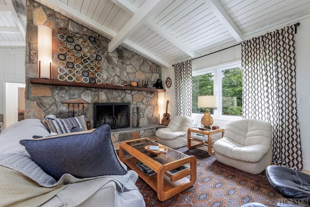 living area with a fireplace, wooden ceiling, and lofted ceiling with beams
