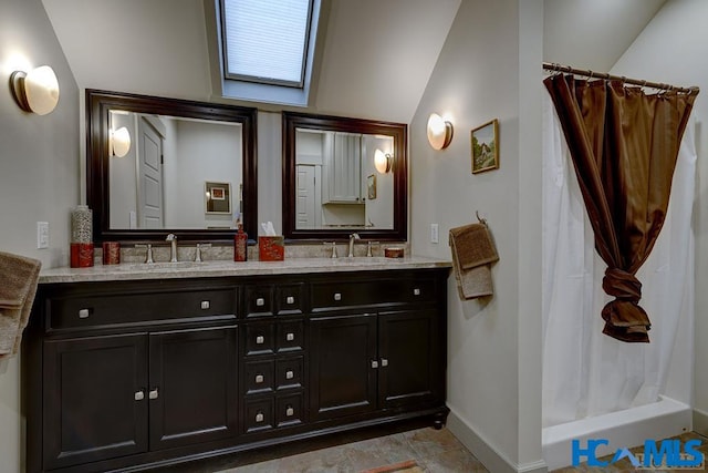 178 Whetstone Gap Rd, Lake Toxaway, NC 28747 - full bathroom with baseboards, double vanity, a shower with curtain, and lofted ceiling