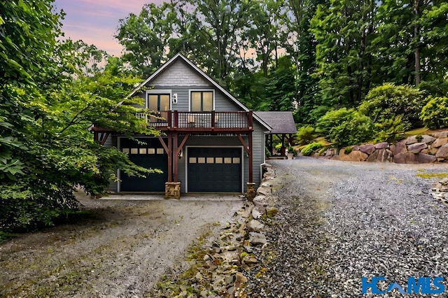 178 Whetstone Gap Rd, Lake Toxaway, NC 28747 - chalet / cabin featuring dirt driveway, a wooden deck, and an attached garage