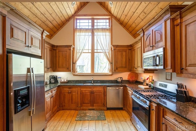 kitchen with lofted ceiling, sink, wood ceiling, and appliances with stainless steel finishes