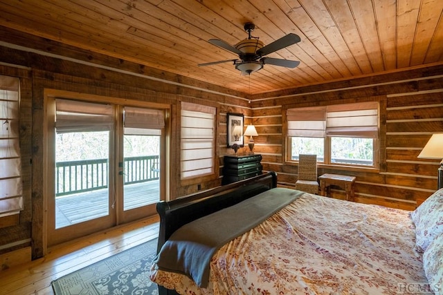 bedroom featuring hardwood / wood-style floors, wooden walls, access to outside, ceiling fan, and wooden ceiling