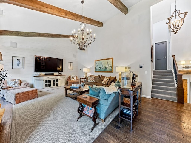 64 Toxaway Shrs Unit 2, Lake Toxaway, NC 28747 - living room featuring a chandelier, dark wood-type flooring, stairway, beamed ceiling, and a high ceiling