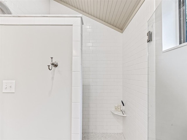 64 Toxaway Shrs Unit 2, Lake Toxaway, NC 28747 - full bath with a shower stall, lofted ceiling, and wood ceiling
