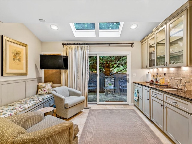 64 Toxaway Shrs Unit 2, Lake Toxaway, NC 28747 - living room featuring a skylight, recessed lighting, and wainscoting