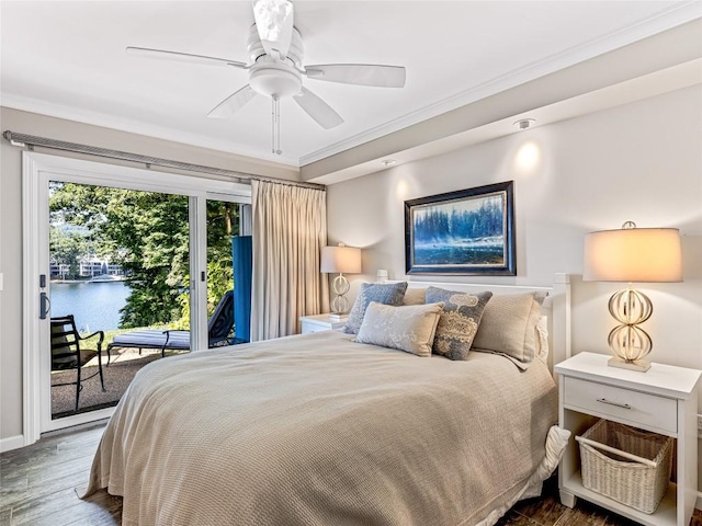 64 Toxaway Shrs Unit 2, Lake Toxaway, NC 28747 - bedroom featuring access to outside, wood finished floors, ornamental molding, a ceiling fan, and a water view