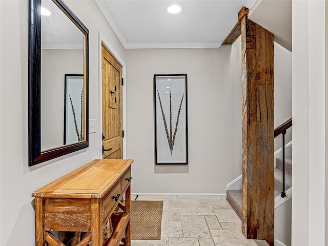 64 Toxaway Shrs Unit 2, Lake Toxaway, NC 28747 - corridor with ornamental molding, stone tile flooring, stairway, and recessed lighting
