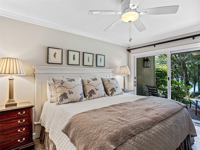 64 Toxaway Shrs Unit 2, Lake Toxaway, NC 28747 - bedroom with crown molding, access to outside, and ceiling fan