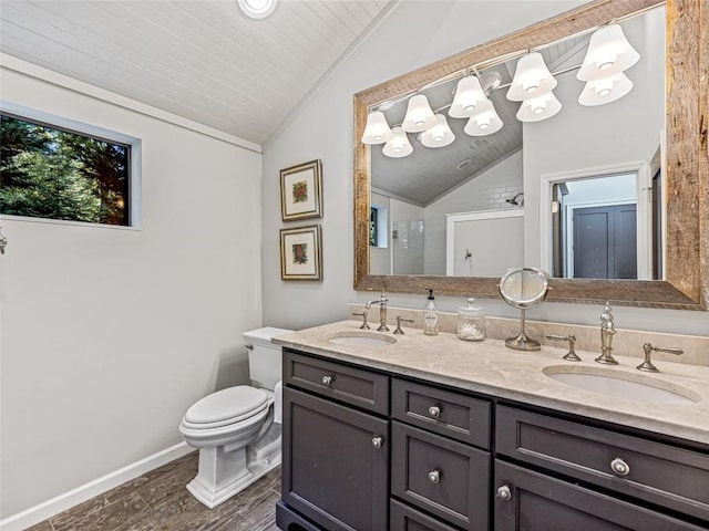 64 Toxaway Shrs Unit 2, Lake Toxaway, NC 28747 - bathroom with lofted ceiling, wood finished floors, double vanity, and a shower