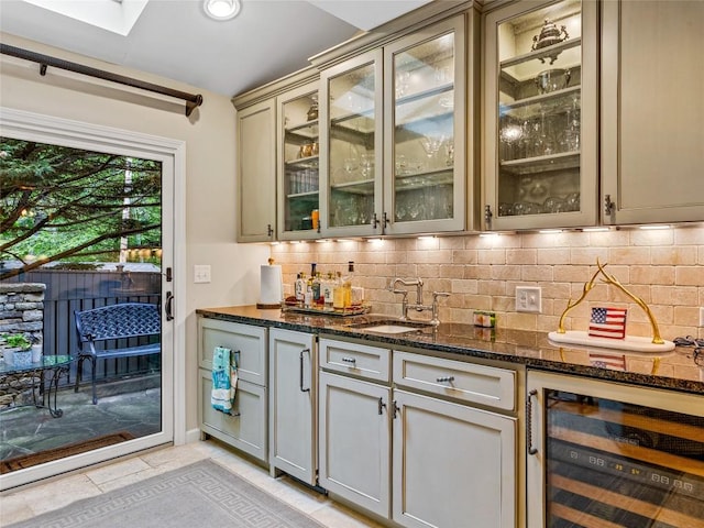64 Toxaway Shrs Unit 2, Lake Toxaway, NC 28747 - indoor bar featuring wine cooler, backsplash, and light tile patterned flooring