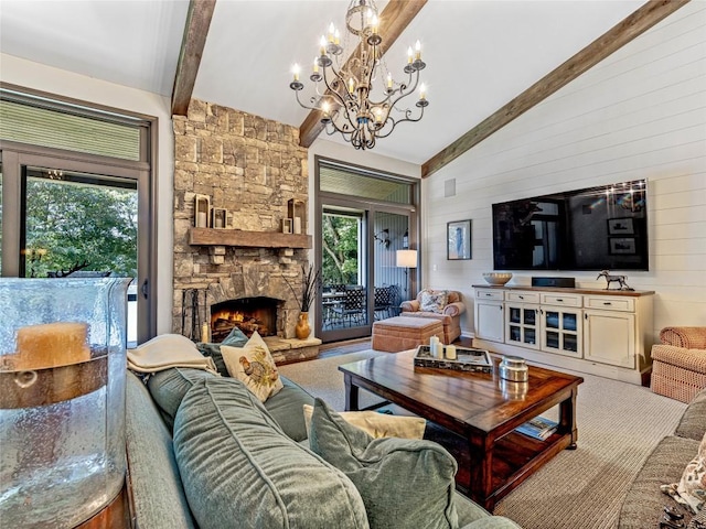 64 Toxaway Shrs Unit 2, Lake Toxaway, NC 28747 - living area with carpet flooring, healthy amount of natural light, a chandelier, a fireplace, and wooden walls
