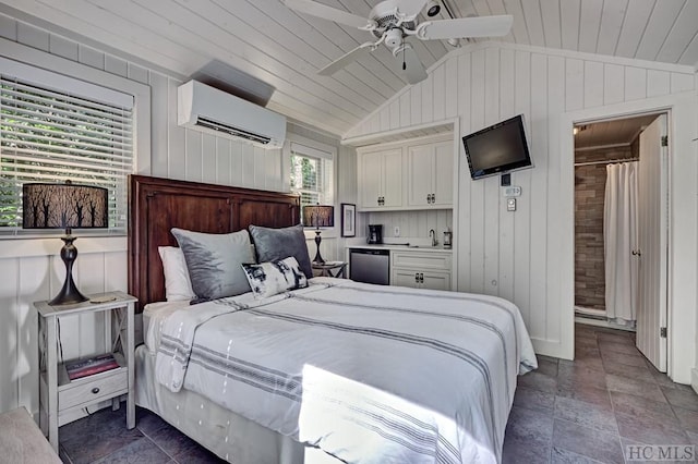 bedroom featuring lofted ceiling, fridge, ceiling fan, wooden ceiling, and a wall mounted AC