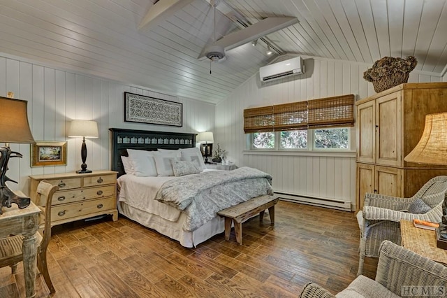 bedroom featuring a baseboard heating unit, an AC wall unit, dark hardwood / wood-style floors, and lofted ceiling with beams