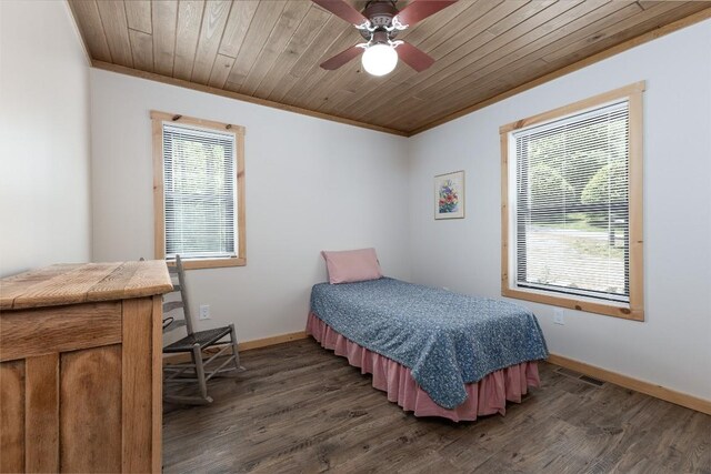 67 Chipmunk Trl, Glenville, NC 28736 - bedroom with crown molding, baseboards, dark wood finished floors, wooden ceiling, and ceiling fan