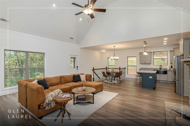44 No End Cir, Cullowhee, NC 28723 - living room featuring high vaulted ceiling, a chandelier, dark wood-style flooring, ceiling fan, and recessed lighting