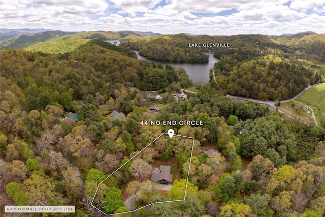 44 No End Cir, Cullowhee, NC 28723 - aerial view of property's location with a water and mountain view and property parcel outlined