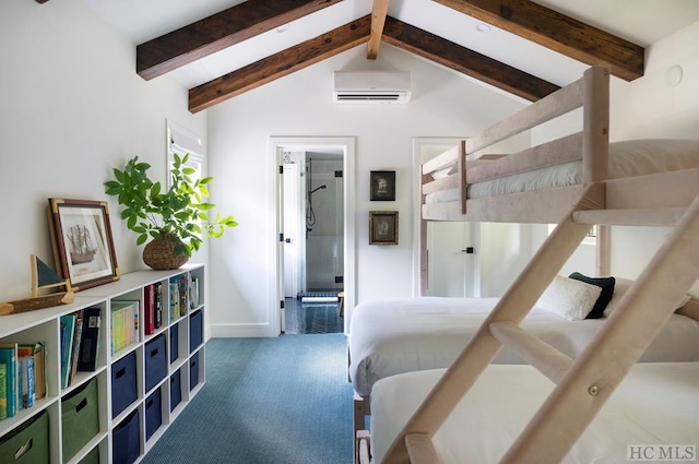 bedroom featuring carpet floors, a wall unit AC, and lofted ceiling with beams